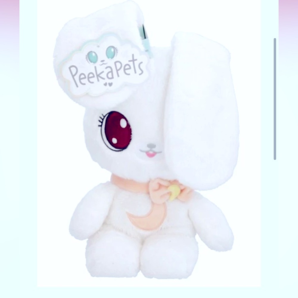 🌛🐰PeekaPets🐰🌜PEEK-A-BOO BUNNY PLUSH white w/peach ears/moon/bow tie✨NWT✨